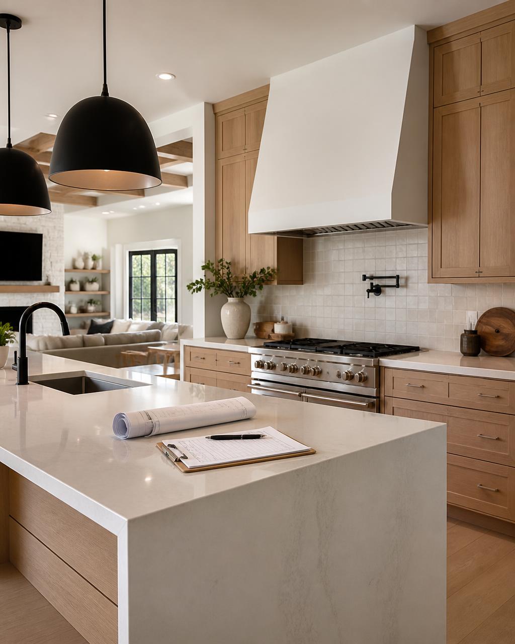 Modern kitchen remodel with project documents on the island